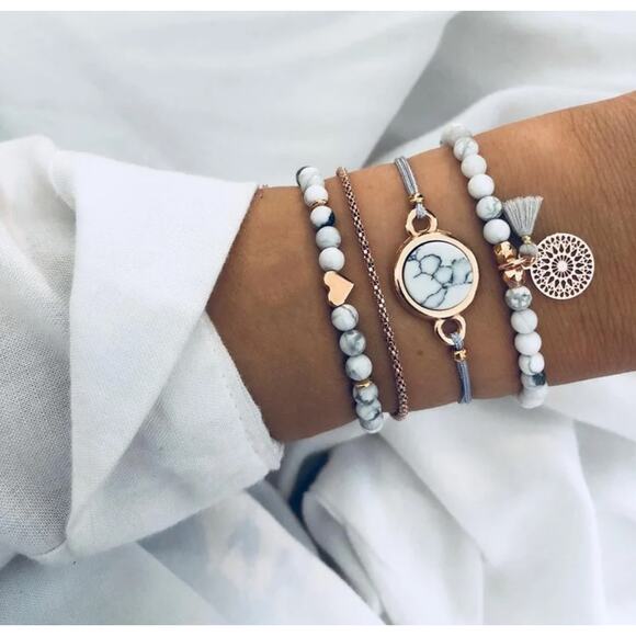 Bohemian Vacation Bracelet Set ~ 4 Pieces Tassel Heart Beaded Pastel Turquoise - Picture 1 of 5